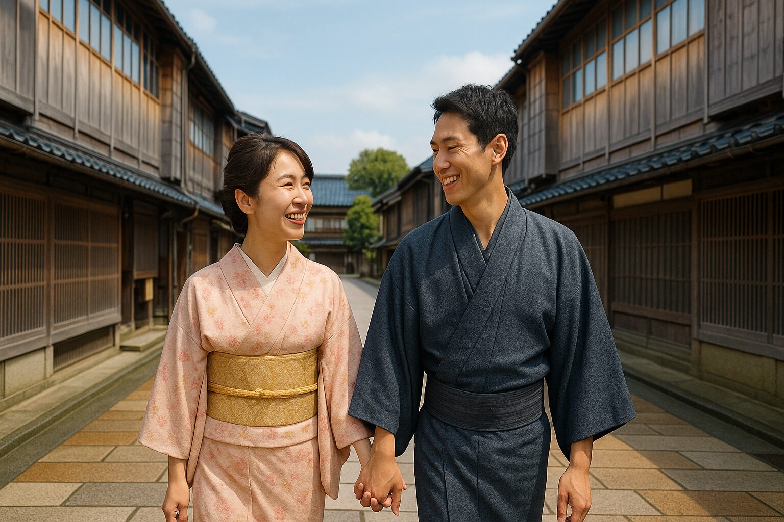 A couple in kimono walking
