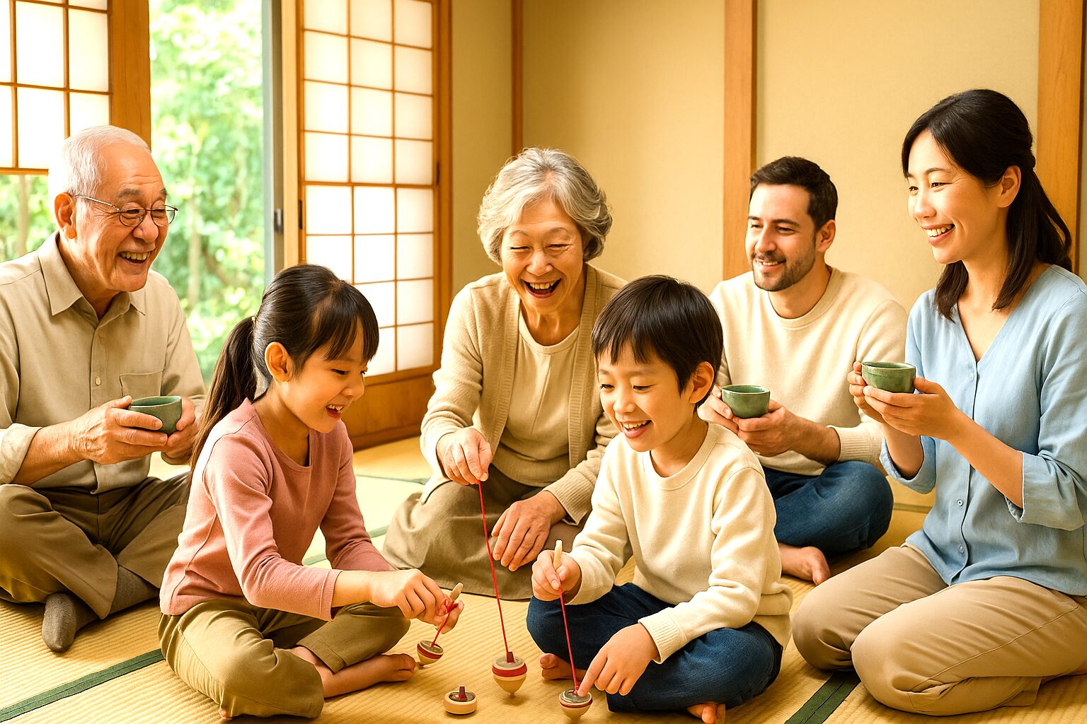 A peaceful family gathering in a Japanese-style room.
