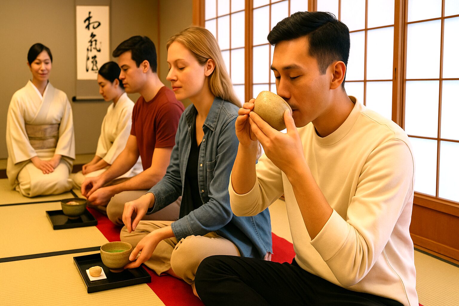 Travelers enjoying matcha and sweets.